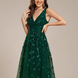 ever ROUX|Robe d'invité de mariage mi-longue trapèze à col en V et paillettes avec sans manches