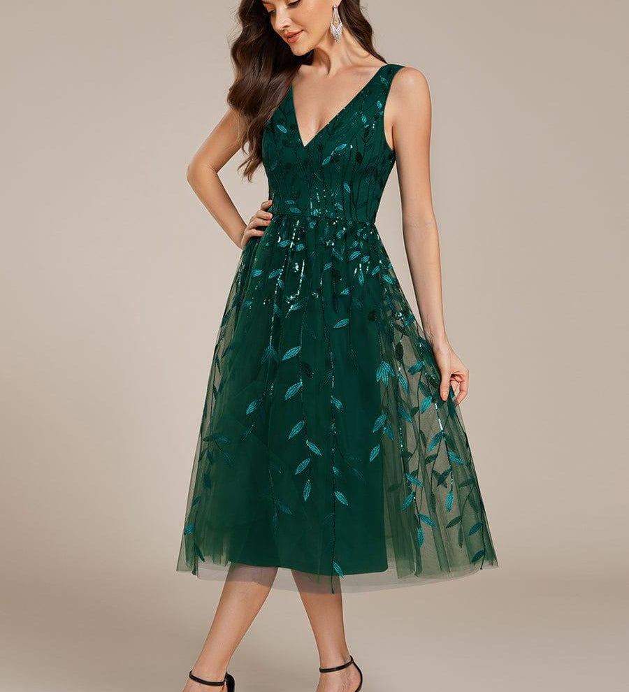 ever ROUX|Robe d'invité de mariage mi-longue trapèze à col en V et paillettes avec sans manches