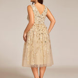 ever ROUX|Robe d'invité de mariage mi-longue trapèze à col en V et paillettes avec sans manches