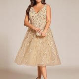 ever ROUX|Robe d'invité de mariage mi-longue trapèze à col en V et paillettes avec sans manches