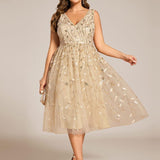 ever ROUX|Robe d'invité de mariage mi-longue trapèze à col en V et paillettes avec sans manches