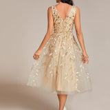 ever ROUX|Robe d'invité de mariage mi-longue trapèze à col en V et paillettes avec sans manches