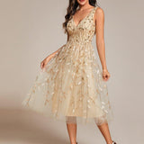 ever ROUX|Robe d'invité de mariage mi-longue trapèze à col en V et paillettes avec sans manches