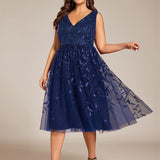 ever ROUX|Robe d'invité de mariage mi-longue trapèze à col en V et paillettes avec sans manches