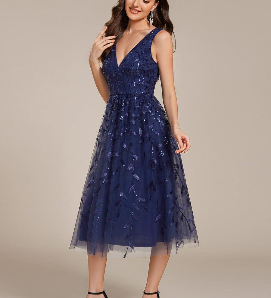 ever ROUX|Robe d'invité de mariage mi-longue trapèze à col en V et paillettes avec sans manches