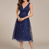 ever ROUX|Robe d'invité de mariage mi-longue trapèze à col en V et paillettes avec sans manches