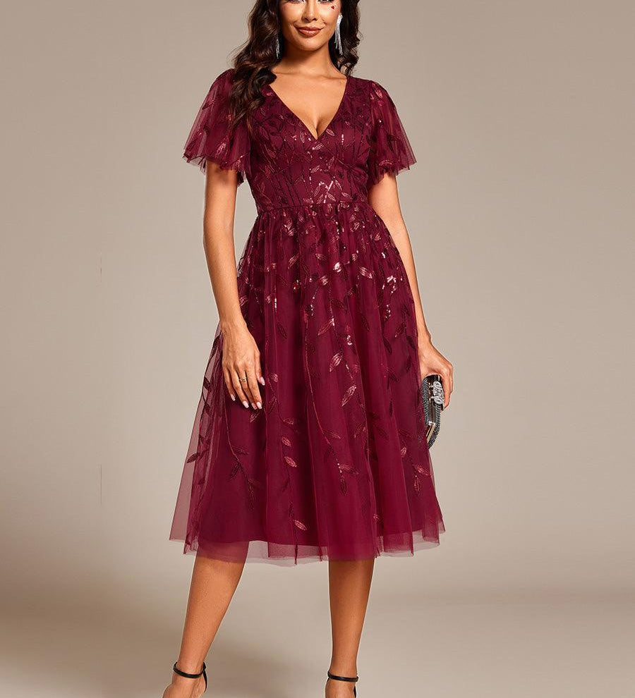 ever SIMONE|Robe d'invité de mariage formelle mi-longue à paillettes et feuilles à manches courtes