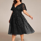 ever SIMONE|Robe d'invité de mariage formelle mi-longue à paillettes et feuilles à manches courtes