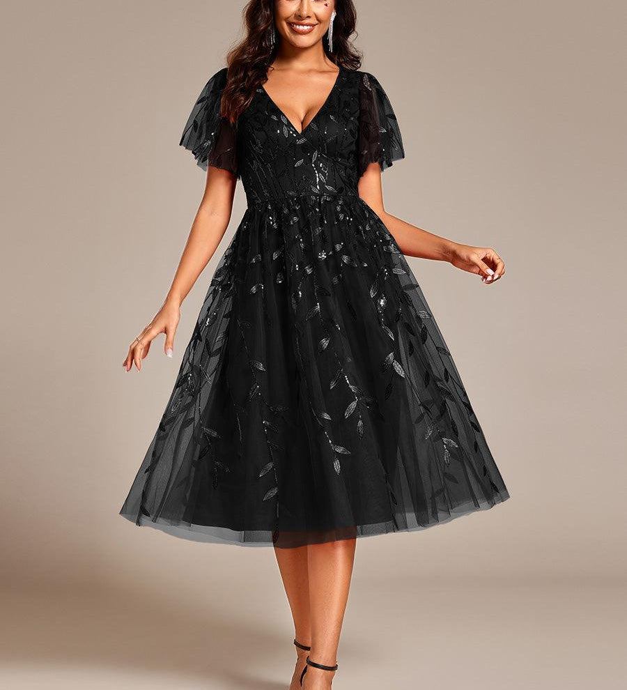 ever SIMONE|Robe d'invité de mariage formelle mi-longue à paillettes et feuilles à manches courtes