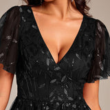 ever SIMONE|Robe d'invité de mariage formelle mi-longue à paillettes et feuilles à manches courtes