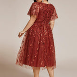 ever SIMONE|Robe d'invité de mariage formelle mi-longue à paillettes et feuilles à manches courtes