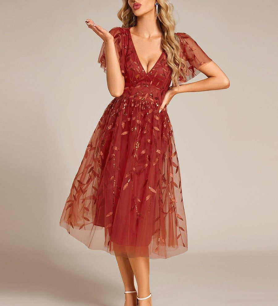 ever SIMONE|Robe d'invité de mariage formelle mi-longue à paillettes et feuilles à manches courtes