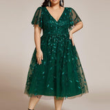ever SIMONE|Robe d'invité de mariage formelle mi-longue à paillettes et feuilles à manches courtes