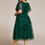 ever SIMONE|Robe d'invité de mariage formelle mi-longue à paillettes et feuilles à manches courtes