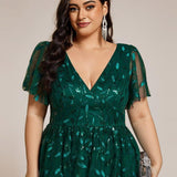 ever SIMONE|Robe d'invité de mariage formelle mi-longue à paillettes et feuilles à manches courtes
