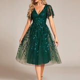 ever SIMONE|Robe d'invité de mariage formelle mi-longue à paillettes et feuilles à manches courtes