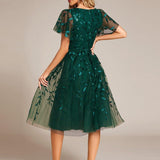 ever SIMONE|Robe d'invité de mariage formelle mi-longue à paillettes et feuilles à manches courtes