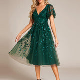 ever SIMONE|Robe d'invité de mariage formelle mi-longue à paillettes et feuilles à manches courtes
