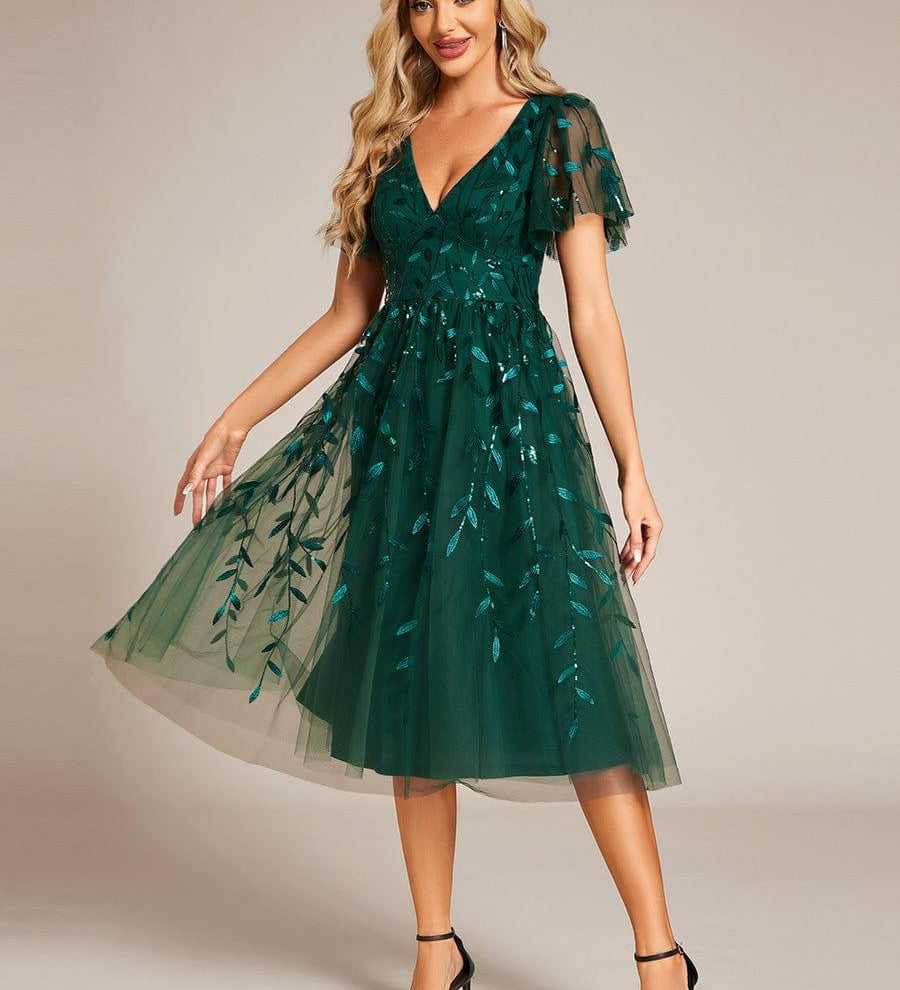 ever SIMONE|Robe d'invité de mariage formelle mi-longue à paillettes et feuilles à manches courtes