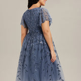 ever SIMONE|Robe d'invité de mariage formelle mi-longue à paillettes et feuilles à manches courtes