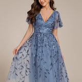 ever SIMONE|Robe d'invité de mariage formelle mi-longue à paillettes et feuilles à manches courtes