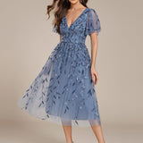 ever SIMONE|Robe d'invité de mariage formelle mi-longue à paillettes et feuilles à manches courtes