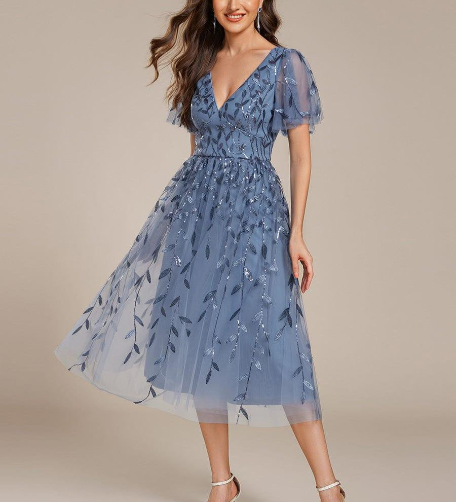 ever SIMONE|Robe d'invité de mariage formelle mi-longue à paillettes et feuilles à manches courtes