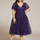 ever SIMONE|Robe d'invité de mariage formelle mi-longue à paillettes et feuilles à manches courtes