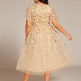 ever SIMONE|Robe d'invité de mariage formelle mi-longue à paillettes et feuilles à manches courtes