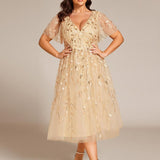 ever SIMONE|Robe d'invité de mariage formelle mi-longue à paillettes et feuilles à manches courtes