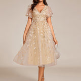 ever SIMONE|Robe d'invité de mariage formelle mi-longue à paillettes et feuilles à manches courtes