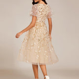 ever SIMONE|Robe d'invité de mariage formelle mi-longue à paillettes et feuilles à manches courtes