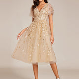 ever SIMONE|Robe d'invité de mariage formelle mi-longue à paillettes et feuilles à manches courtes