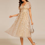 ever SIMONE|Robe d'invité de mariage formelle mi-longue à paillettes et feuilles à manches courtes