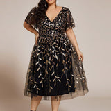 ever SIMONE|Robe d'invité de mariage formelle mi-longue à paillettes et feuilles à manches courtes