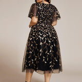 ever SIMONE|Robe d'invité de mariage formelle mi-longue à paillettes et feuilles à manches courtes