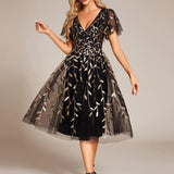 ever SIMONE|Robe d'invité de mariage formelle mi-longue à paillettes et feuilles à manches courtes