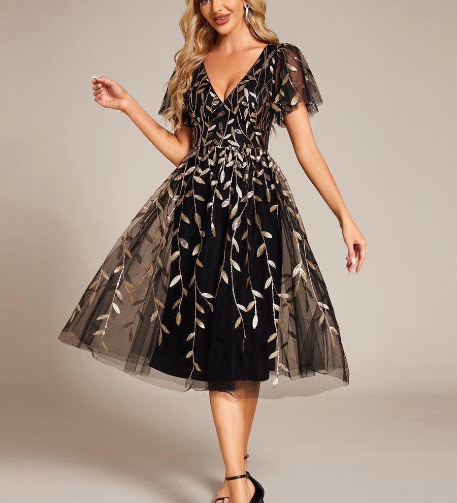 ever SIMONE|Robe d'invité de mariage formelle mi-longue à paillettes et feuilles à manches courtes