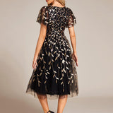 ever SIMONE|Robe d'invité de mariage formelle mi-longue à paillettes et feuilles à manches courtes