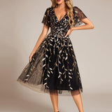 ever SIMONE|Robe d'invité de mariage formelle mi-longue à paillettes et feuilles à manches courtes