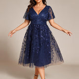 ever SIMONE|Robe d'invité de mariage formelle mi-longue à paillettes et feuilles à manches courtes