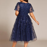 ever SIMONE|Robe d'invité de mariage formelle mi-longue à paillettes et feuilles à manches courtes