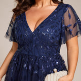 ever SIMONE|Robe d'invité de mariage formelle mi-longue à paillettes et feuilles à manches courtes