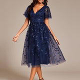 ever SIMONE|Robe d'invité de mariage formelle mi-longue à paillettes et feuilles à manches courtes