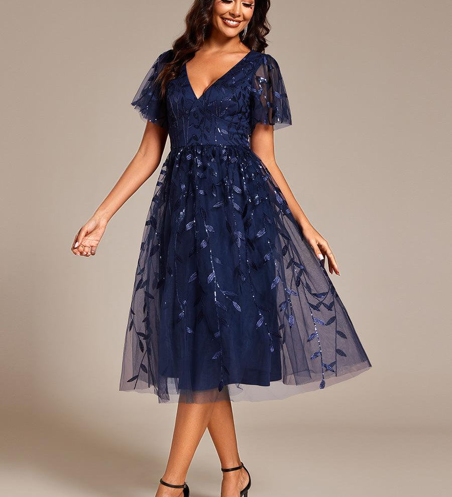 ever SIMONE|Robe d'invité de mariage formelle mi-longue à paillettes et feuilles à manches courtes