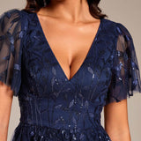 ever SIMONE|Robe d'invité de mariage formelle mi-longue à paillettes et feuilles à manches courtes