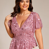 ever SIMONE|Robe d'invité de mariage formelle mi-longue à paillettes et feuilles à manches courtes