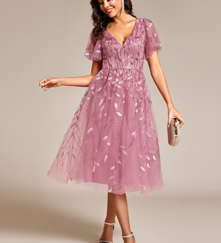 ever SIMONE|Robe d'invité de mariage formelle mi-longue à paillettes et feuilles à manches courtes