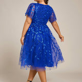 ever SIMONE|Robe d'invité de mariage formelle mi-longue à paillettes et feuilles à manches courtes