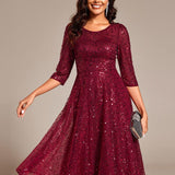 ever SIENNA|Robe d'invitée de mariage à manches 3/4 et col rond en sequins(Vente Finale)
